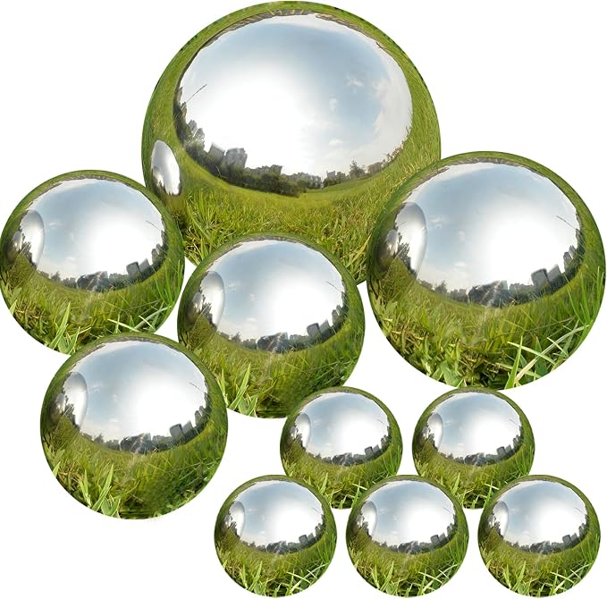 Gazing Ball Garden Mirror Outdoor - Outside Decorative Globe, Silver, 10Pcs | Metal Polished Reflective Sphere, Stainless Steel Hollow Decoration Ornament for Home Pond Swimming Pool Housewarming Gift