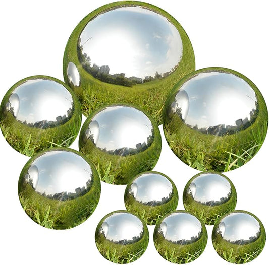 Gazing Ball Garden Mirror Outdoor - Outside Decorative Globe, Silver, 10Pcs | Metal Polished Reflective Sphere, Stainless Steel Hollow Decoration Ornament for Home Pond Swimming Pool Housewarming Gift