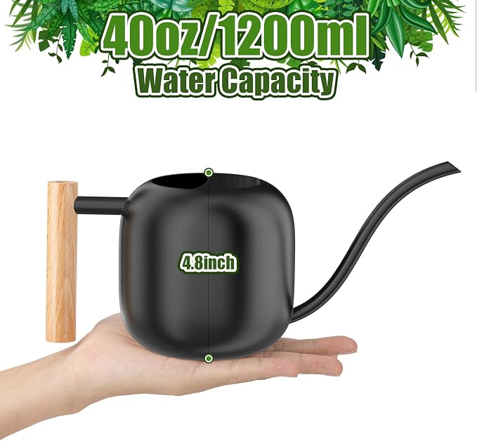 Green Moon 1.2L/41oz Metal Metal Watering Can with Long Spout, Black | Metal Stainless Steel Watering Can for Indoor Plants, House Bonsai, Succulents, and Garden Flowers, Decorative Watering Cans
