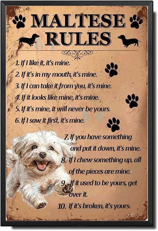 Metal Sign Tin Sign Vintage Wall Art Maltese Rules Bathroom Signs Decor for Club 6×8 Inches with Metal Frame