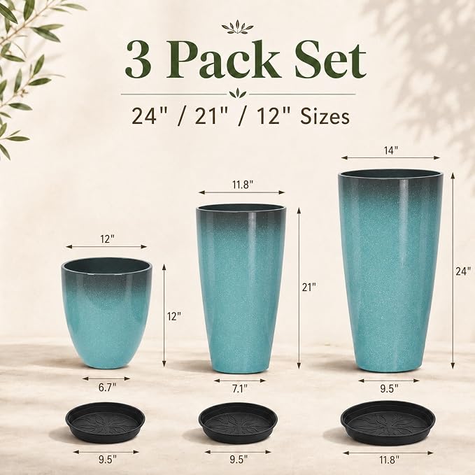 Neoaider Set of 3 Tall Planter, 24/21/12in Large Plastic Planter, Sky Blue | Ceramic-Look, Lightweight, Built-in Drain Hole, Saucers, Tall Outdoor Planter for Porch, Garden, Patio, Balcony