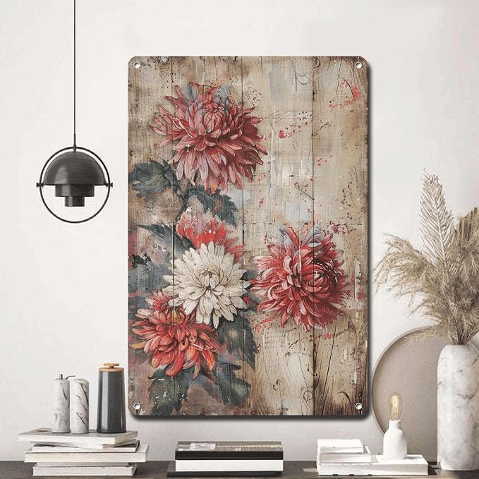 Metal Sign Tin Sign Vintage Wall Art Rustic Chrysanthemums Tin Sign for Distressed Wood Surfaces Vintage Aesthetics and Corrosion Resi Bar Signs for Home Decor for Room 8×12 Inches