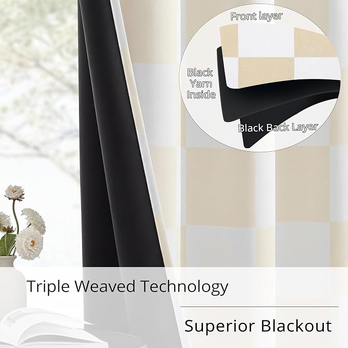 100% Blackout Checkered Curtains – 2 Panels, Each W52×L63, Thermal Insulated, Nosie Reducing for Bedroom, Modern Cream and White Checkerboard Design