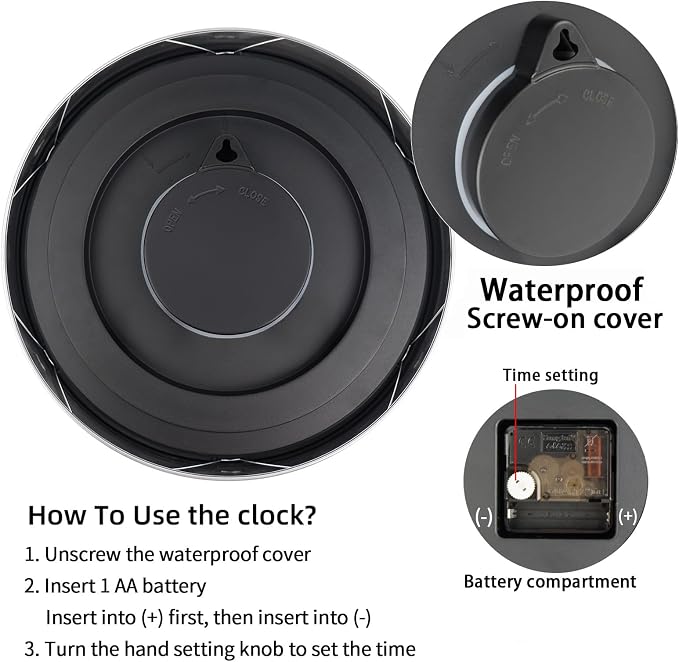Caysie 12 Inch Sealed Indoor Outdoor Clocks Waterproof, Silent Battery Operated Quartz Metal Wall Clock for Patio Pool Bathroom Home (Silver)