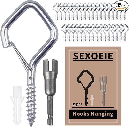 35PCS Eye Screw Hooks for Hanging Heavy Duty with Safety Buckle.Metal Ceiling Hooks for Hanging Plants,Cup,Wind Chime,Bird Feeders,String Lights at Indoor&Outdoor,2.36 Inches Silver