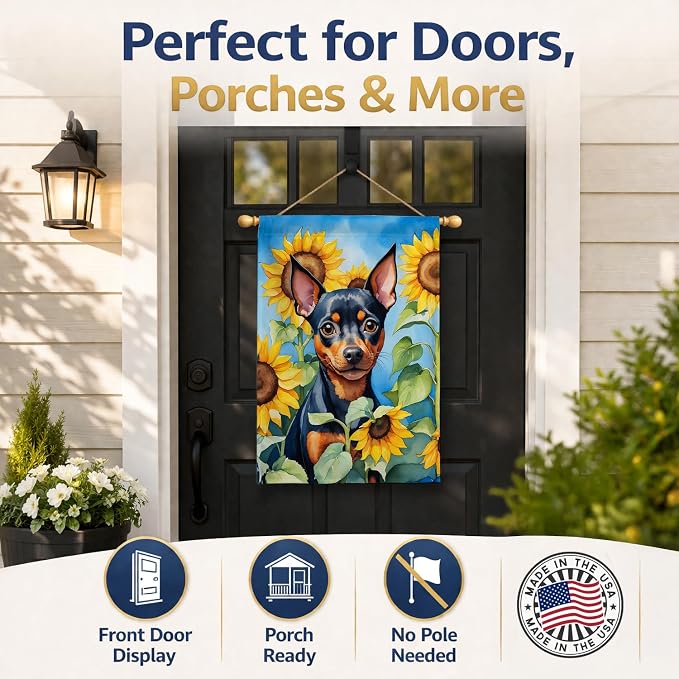 Caroline's Treasures DAC6121CHF Miniature Pinscher in Sunflowers House Flag Large Porch Sleeve Pole Decorative Outside Yard Banner Artwork Wall Hanging, Polyester, House Size, Multicolor