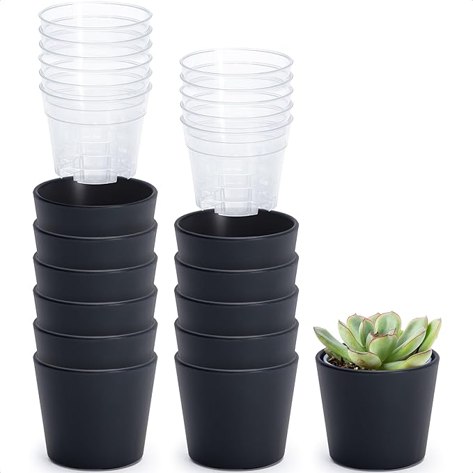Phoenix Vine 3.5 Inch Black Plastic Cachepot with Clear Nursery Pot, Decorative Lightweight Planter Cover with Transparent Inner Pot for Indoor Houseplants, Pack of 12, 24-A-E-12