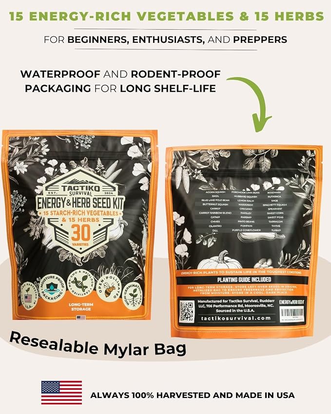 Tactiko Survival 30 Calorie-Dense Veggies & Popular Herbs - Ultimate Energy Seed Kit - USA-Grown Non-GMO Heirloom Seeds - Mylar-Bag for Long-Term Storage, Emergency Food Supply Gardening