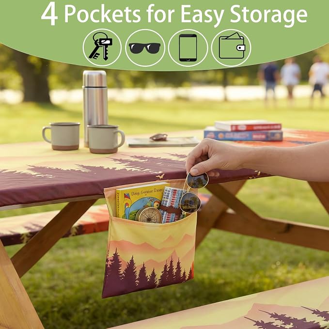 Fitted Waterproof Picnic Table Cover with Bench Covers Elastic Reusable Camping Table Cloths for 6Ft Rectangle Tables Summer Camp Motorhome Party Gear Outdoors Car Travel Trailer Gadgets Gift