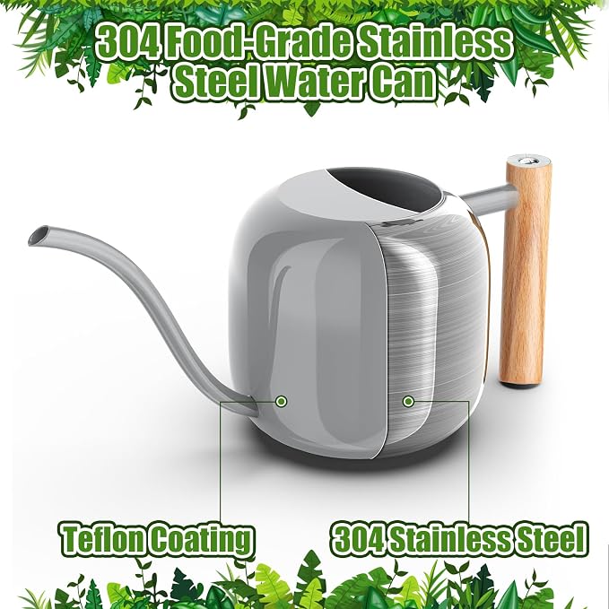 Green Moon 1.2L/41oz Metal Metal Watering Can with Long Spout, Gray | Metal Stainless Steel Watering Can for Indoor Plants, House Bonsai, Succulents, and Garden Flowers, Decorative Watering Cans