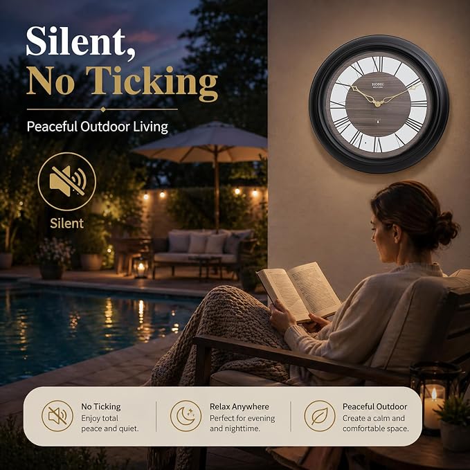 Pytha Sight 18 Inch Outdoor Clocks Waterproof, Atomic Analog Large Roman Numerals Outdoor Wall Clock with Light Sensor, Silent Non-Ticking Outdoor Clock for Patio Garden Porch Pool
