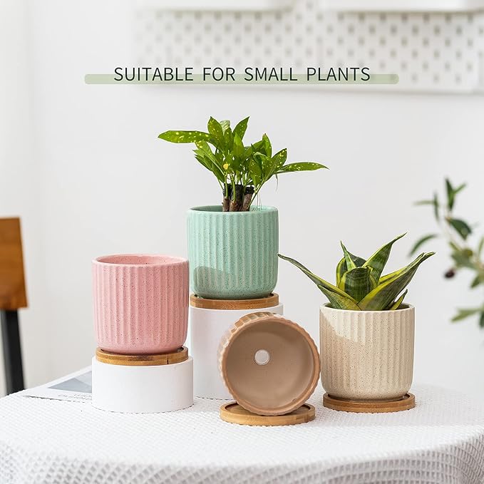 4 Inch Ceramic Plant Pots with Saucer and Drainage Hole | Stripe Multicolor, Small Planters Pot, for Succulent Snake Plants Cactus Herbs, Set of 4