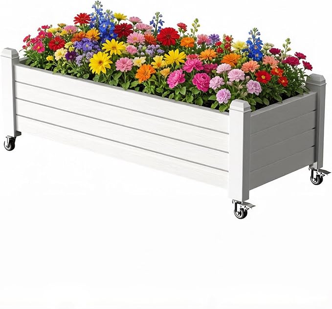 Vixzen Mobile Raised Garden Bed with Lockable Wheels, Resin Outdoor Planter Box with Drainage for Vegetables, Flowers, Herbs in Patio, Yard, Balcony (Gray, 43.31 * 17.72 * 17.56)