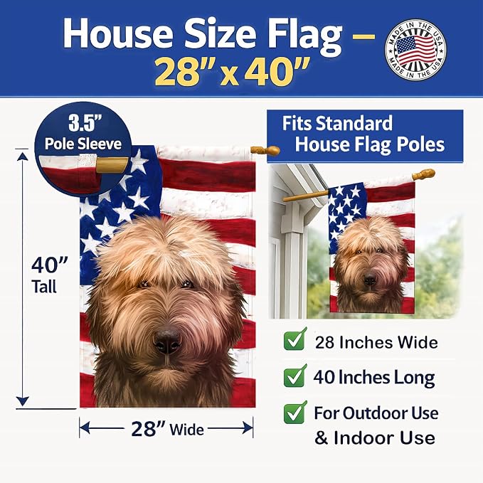 Caroline's Treasures CK6461CHF Briard Dog American Flag House Flag Large Porch Sleeve Pole Decorative Outside Yard Banner Artwork Wall Hanging, Polyester, House Size, Multicolor