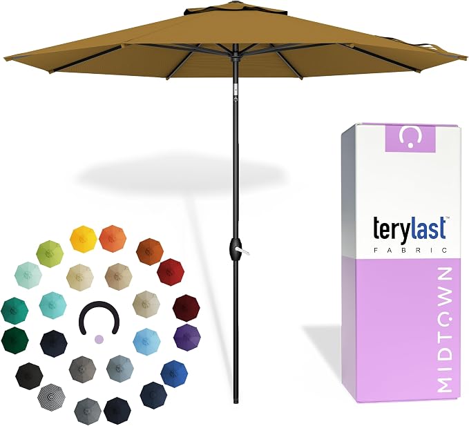 Midtown Umbrellas - 10-Year-No-Fade 10 Ft Patio Umbrella with Terylast Fabric, Auto-Tilt Aluminum Frame and 8 Reinforced Ribs for Deck, Pool, Garden & Beach - Sand Tan Canopy, Black Pole