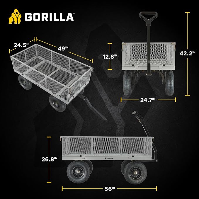 Gorilla Carts Steel Utility Garden Cart, 1,000-Pound Capacity, Gray - Heavy-Duty Outdoor Wagon with Removable Sides, 13-Inch Pneumatic Tires, and Convertible Pull or Tow Handle