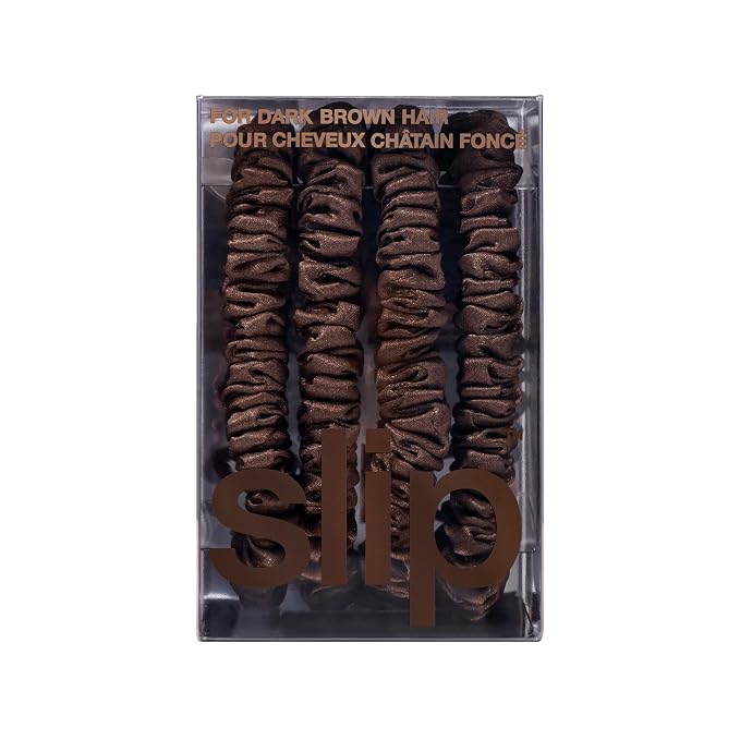 Slip Silk Hair Ties — Skinny Silk Dark Brown Scrunchies, No Damage, No Crease, Anti-Breakage |100% Mulberry Silk | All Hair Types | Made with Proprietary Slipsilk™ | Set of 4