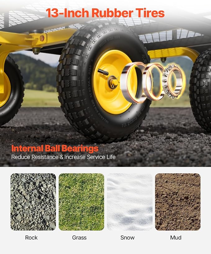 VEVOR Steel Garden Cart, 1400 lbs Heavy Duty Pullable Garden Wagon Yard Cart, 2 in 1 Outdoor Metal Utility Wagon Yard Trailer with 13" All Terrain Tires, Mesh Detachable Sides and 180° Rotating Handle