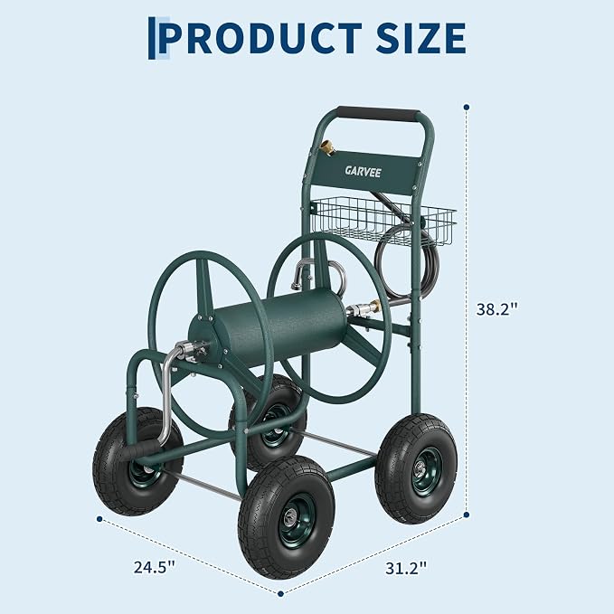 Garvee Garden Hose Reel Cart with Wheels, Hold Up to 300 ft of 5/8’’ Hose, Heavy Duty Water Hose Reel with Storage Basket, 4 Large Pneumatic Tires, Mobile Outdoor Hose Storage for Garden, Yard, Farm