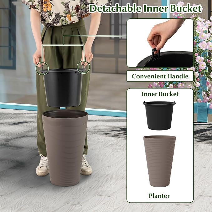 Giantex 18" Tall Flower Pot Set of 2, Modern Decorative Planter Pots w/Insert Bucket, Handle, Drainage Holes, Round Spiral Textured Flower Pots for Outdoor Indoor Garden Patio Front Porch (Brown)
