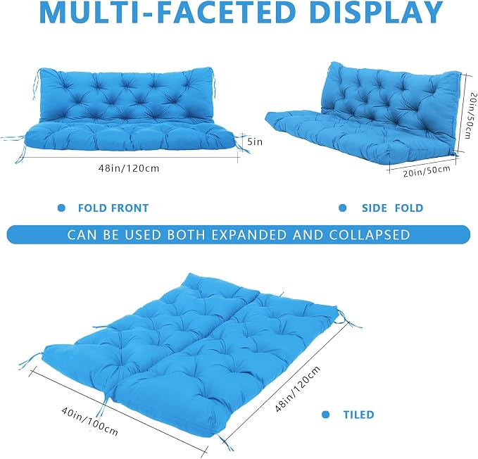 Porch Swing Cushion Waterproof Thicken 5" Peacock Blue 2-3 Seat 48 × 40" Replacement Swing Cushions with Backrest and Ties for Patio Backyard Porch Garden
