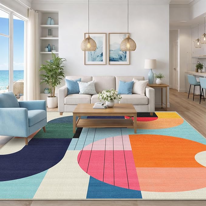 9x12 Area Rug Colorful Boho Geometric Carpet Modern Abstract Large Rug for Living Room Bedroom Machine Washable Non-Slip Rug for Dining Room Home Office