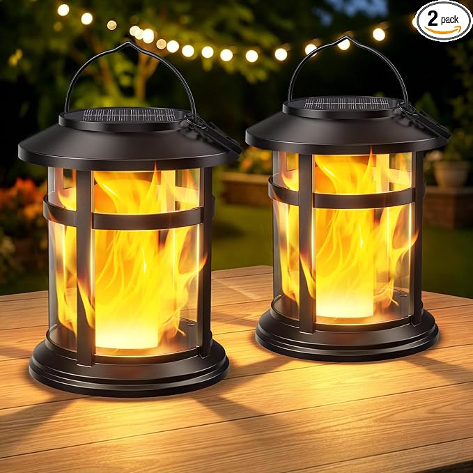 Solar Lanterns Outdoor Waterproof, 2 Pack Upgraded Flickering Flame Hanging Solar Lights for Outside Decorative, Solar Powered Lanterns Lighting for Garden Patio Table Porch Decor Gifts