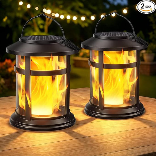 Solar Lanterns Outdoor Waterproof, 2 Pack Upgraded Flickering Flame Hanging Solar Lights for Outside Decorative, Solar Powered Lanterns Lighting for Garden Patio Table Porch Decor Gifts