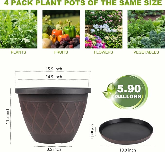 4 Pack 16 Inch Large Plant Pots, Plastic Flower Pots for Indoor & Outdoor with Drainage Holes & Saucer, Imitation Diamond Pattern Design Planters Garden Pots for Herbs (Brown)