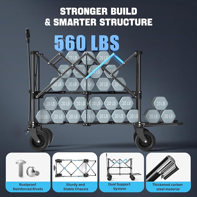 52" Heavy Duty Double Decker Wagon, 650L Collapsible Folding Wagon Cart with Brakes, 560 lbs Load, All-Terrain Big Wheels for Camping, Fishing, Sports and Transport, Black