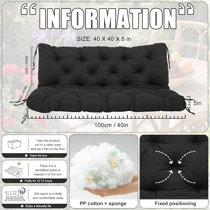 Porch Swing Cushions 2 Seater Replacement Thicken 5" Waterproof & Fade Resistant Swing Cushions for Outdoor Furniture Bench Patio Swing Cushion with Backrest & Ties(Black 40x40x5inch)