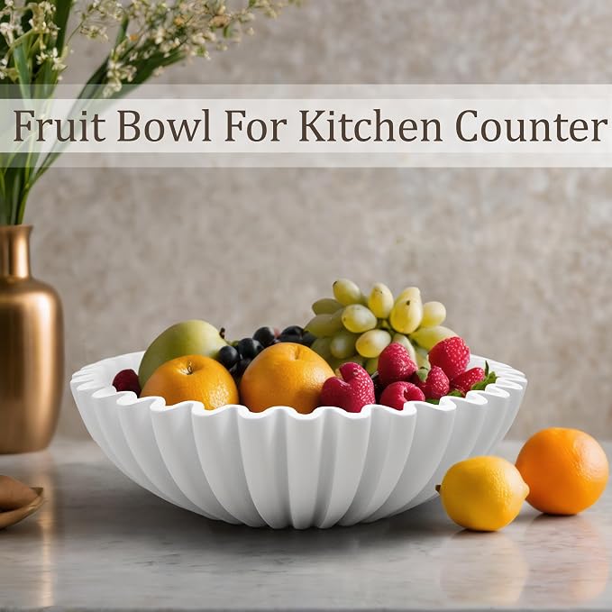 LIN CHUAN Ruffle Decorative Bowl, Large Fruit Bowl for Kitchen Counter, Stylish Key Bowl for Entry Table, Handcrafted Home Decor Display bowl, White
