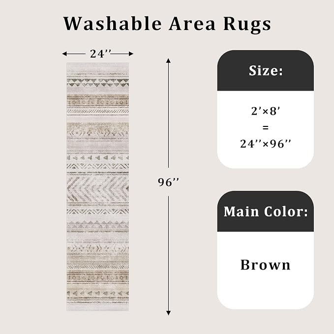 Art&Tuft 2x8 Runner Rug Non Slip, Washable Rug Runners for Hallways,Brown | Low Pile, Moroccan Soft & Lighweight, Folable, Stain Resistant 8ft Carpet Runners for Entryway,Kitchen,Living Room,Bedroom