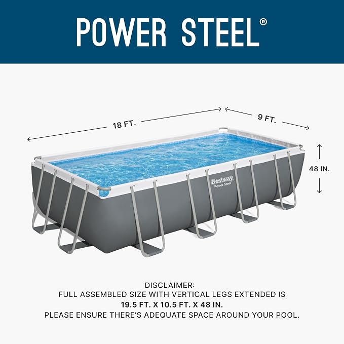 Bestway Power Steel 18' x 9' x 48" Above Ground Pool Set with Pump | Durable Rectangular Metal Frame Outdoor Backyard Pool - Ladder, Cover, and Type III Filter Cartridge Included, Gray
