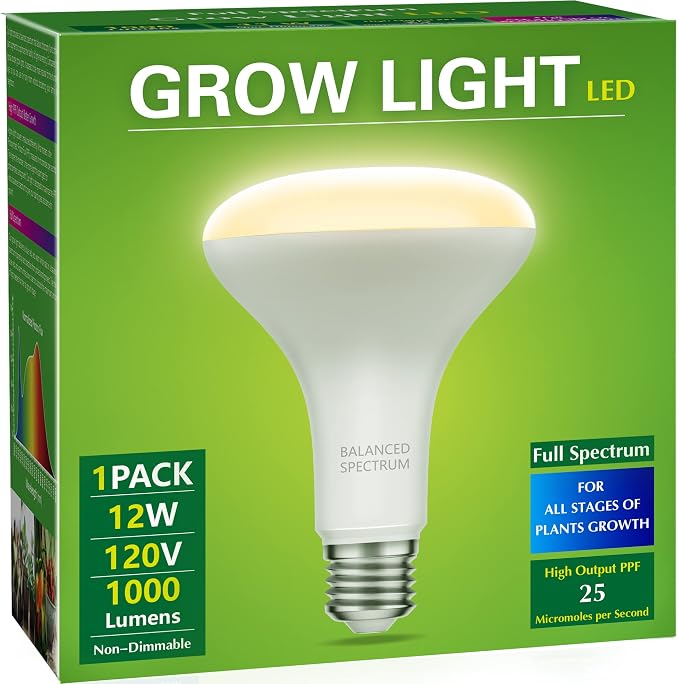 Briignite LED Grow Light Bulb, BR30 Grow Light Bulbs, Full Spectrum Grow Light Bulb 12W, 120W Equivalent, Plant Light Bulbs E26 Base, Grow Light for Indoor Plants, Seedlings, Greenhouse, 1 Pack