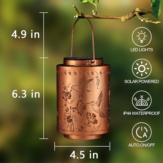 Solar Lanterns Outdoor Waterproof Garden Decor Gifts for Women Mon Grandma Metal Hanging Solar Lights Decoration for Outside LED Lanterns for Yard Patio Lawn Pathway（Hummingbirds）