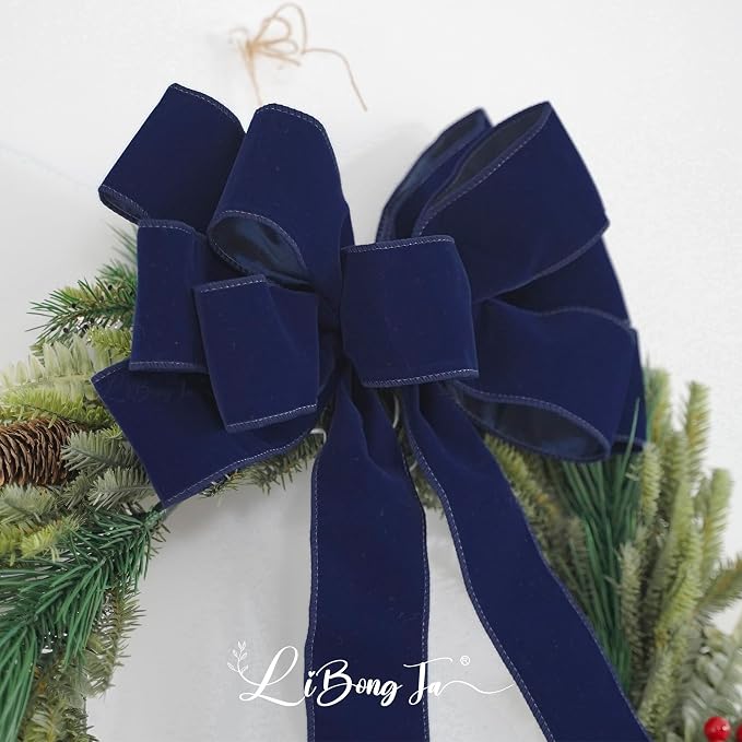 13" Navy Blue Velvet Christmas Tree Topper Bow, Premade for Wreaths, Gift Bows, Home Decor