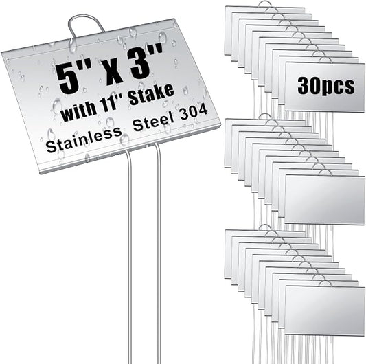 Landhoow 30 Pcs Large Garden Plant Markers Metal Plant Labels Sign 5'' x 3'' with 11'' Stake Weatherproof Waterproof Garden Sign for Outdoor Seedlings Herbs Vegetable Greenhouse, Sliver