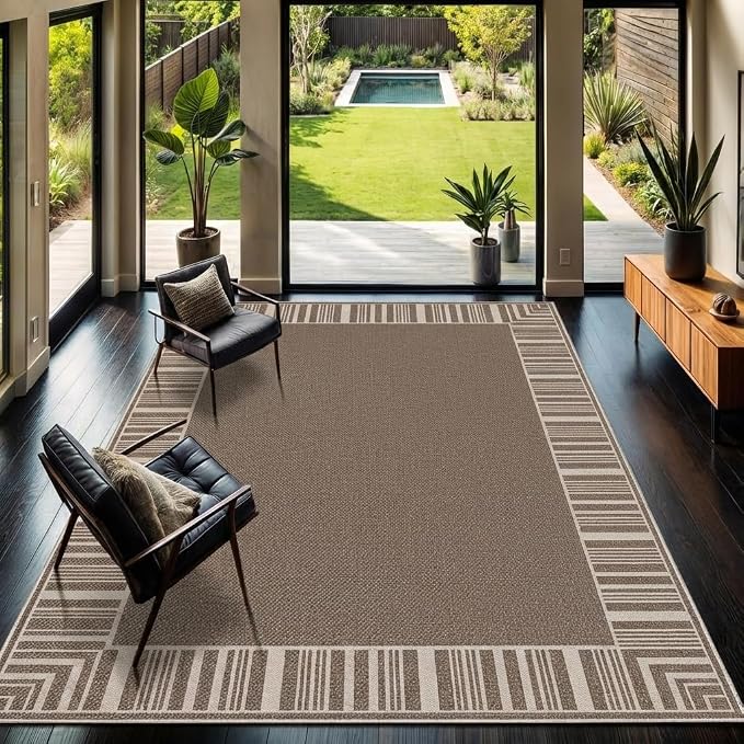 COZYLOOM Indoor Outdoor Rugs 8x10 Modern Easy Jute Washable Area Rug,Taupe | Non Slip Neutral Bordered Non Shedding Stain Resistant Foldable Rug for Living Room Dining Room Bedroom Patio Backyard