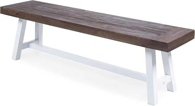 Christopher Knight Home Carlisle Outdoor Acacia Wood Dining Bench with Metal Frame, Sandblast Dark Brown / White Rustic Metal