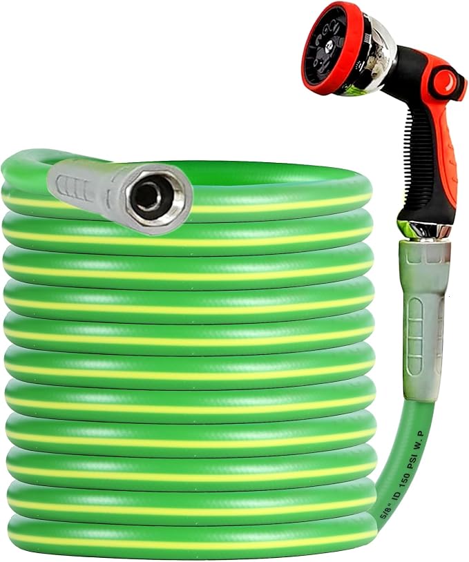 HQMPC Garden Hose 5/8"IDx50' Hose For Garden Watering Durable PVC Hybrid Hose with Swivel Handle Non Kinking Heavy Water Hose with Brass Hose Fittings (50 FEET) Light Green