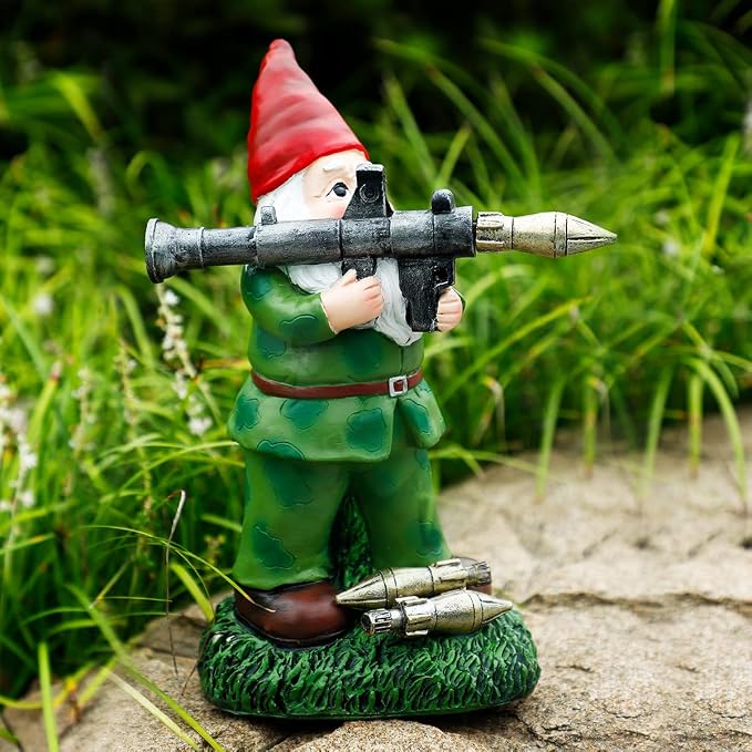 Solar Military Garden Gnome Statue with RPG, Large War Army Combat Defender Soldier Patriotic Gnome Figurine with Gun, Outdoor Patio Yard Lawn Home Ornament Decor, Valentine's Day Men Gift