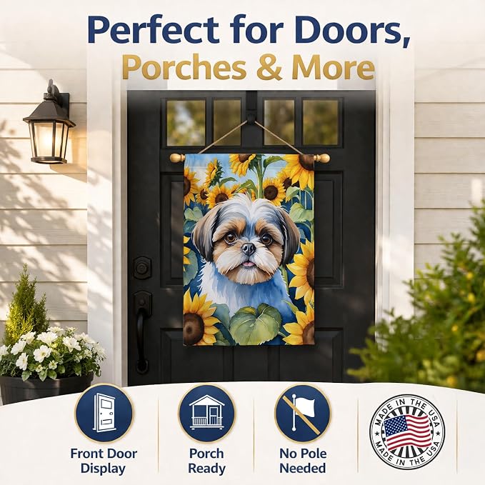Caroline's Treasures DAC6162CHF Shih Tzu in Sunflowers House Flag Large Porch Sleeve Pole Decorative Outside Yard Banner Artwork Wall Hanging, Polyester, House Size, Multicolor
