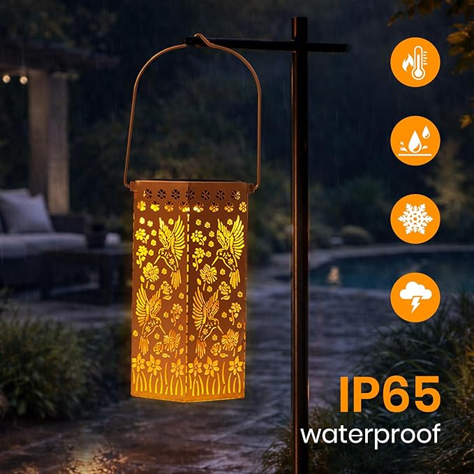 Solar Lanterns Waterproof Hummingbird Hanging Outside Decoration for Patio | Exquisite hummingbird pattern,antique bronze metallic color, IP65 waterproof,high conversion solar panel,high-brightness LED.