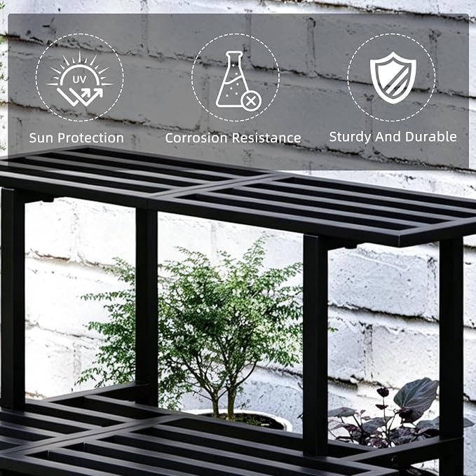 Plant Stand Indoor Outdoor, Foldable Metal Plant Shelf for Multiple Pots, Vintage Slatted Design, Suitable for a Variety of Houseplants and Gardens, Heavy Duty Capacity 330 lbs 2 Tier Black