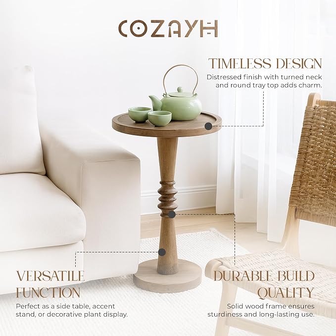 COZAYH Traditional Rustic Pedestal Table, Round Tray Top End Table with Farmhouse Style Distressed Finish for Small Spaces, Brown