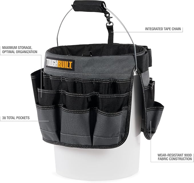 ToughBuilt – Bucket Organizer, 5-Gallon Bucket Tool Organizer with 60 Pockets, Loops & Compartments, Reinforced Fabric for Construction Work (TB-85)