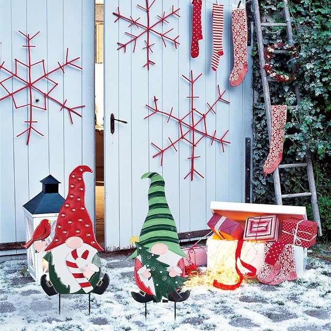 Outdoor Christmas Decorations, 2 Pack Gnomes Decorative Garden Stakes for Christmas Decor, Metal Yard Signs Xmas Decorations for Outside Garden Yard Lawn Porch Holiday Party