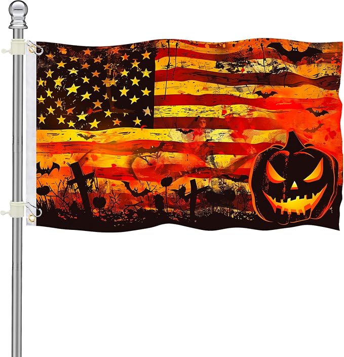 Double Sided Halloween Flag 5x3 FT with 2 Brass Grommets and 19.69ft Ribbon, Orange & Black Stripes Tapestry, Durable Outdoor Halloween Flags for Yard, Porch, or House Decorations