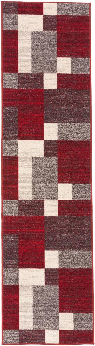 Rugshop Geometric Boxes Non-Slip Modern Living Room Area Rug Red 2' x 7'2" | Non-Shedding, Rectangular, Size 2' x 7'2", Bedroom, Dining Room, Home Office, Kitchen, Entryway, Hallway, Nursery, Kids Room